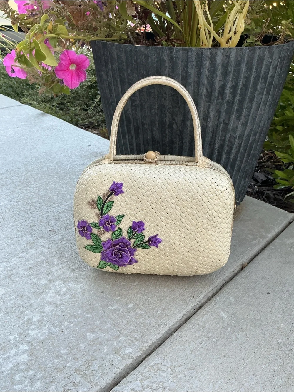 Woven Straw Top-Handle Bag with Purple Floral Embroidery - Picture 1 of 7